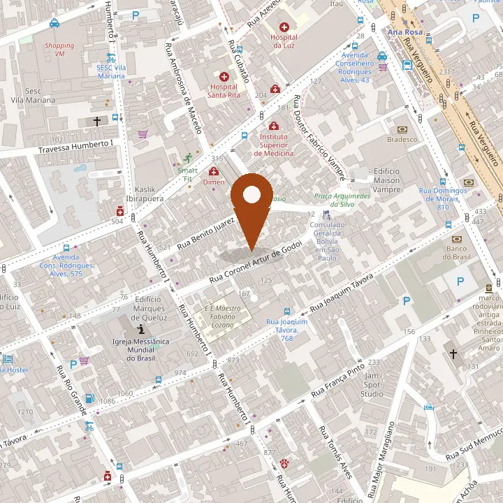 Mapa do entorno da unidade Vila Mariana, na Rua Coronel Artur Godói, 120, com o alfinete no endereço